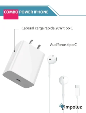 Combo Power iPhone Cargador Rápido 20W Y Audífonos Tipo C