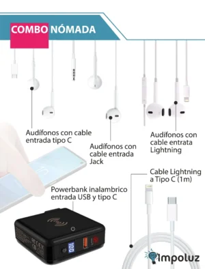 Powerbank Inalámbrico  Audífonos Y Cable Lightning a Tipo C